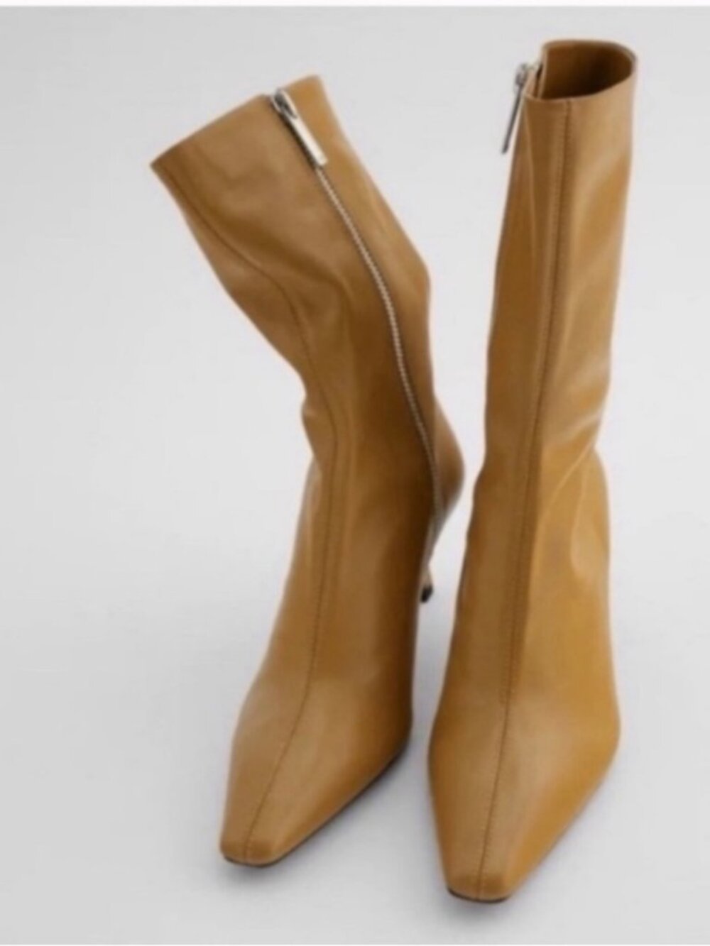 Zara Soft Leather High Heeled Ankle Boots Camel Brown Squared Toe Womens Size 9